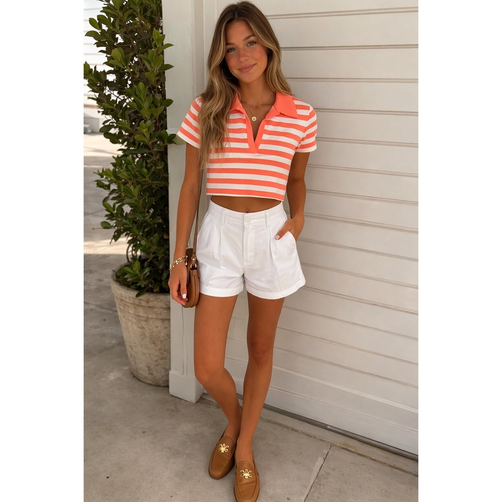 Alice + Olivia Martha Stripe Crop Knit Polo Coral/Soft White Coral Preppy Tennis